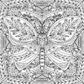 Butterfly with flowers in folk style drawn on a square mandala with ornaments for coloring, vector, coloring book pages, mandala